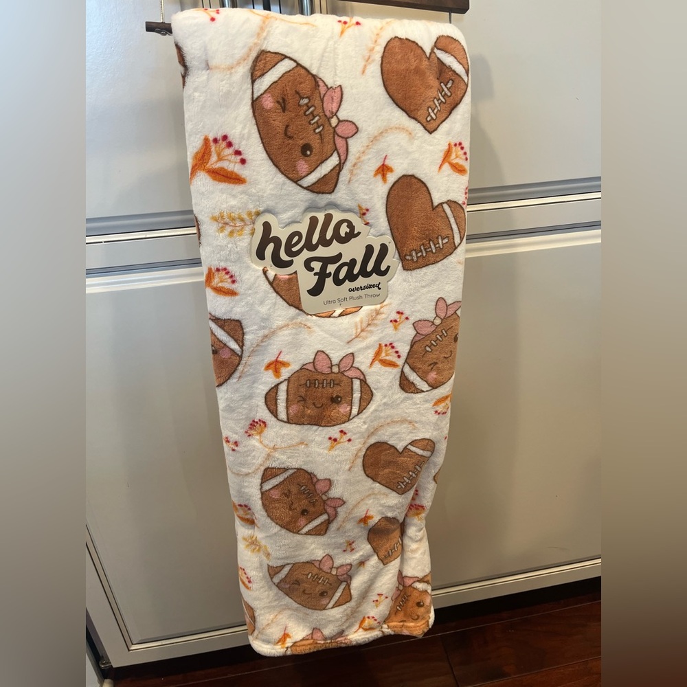 Hello Fall Football Pink Bow Plush Throw Blanket
